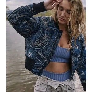 Free People Movement Garden Party Floral Embroidered Cropped Bomber Jacket S